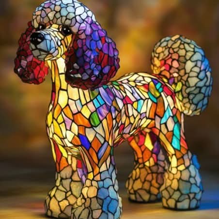 Staande poedel als lamp van kleine mozaïekstukjes, met paarse en rode oren, gele gloed en kleurrijk lijf in blauw en oranje. 19