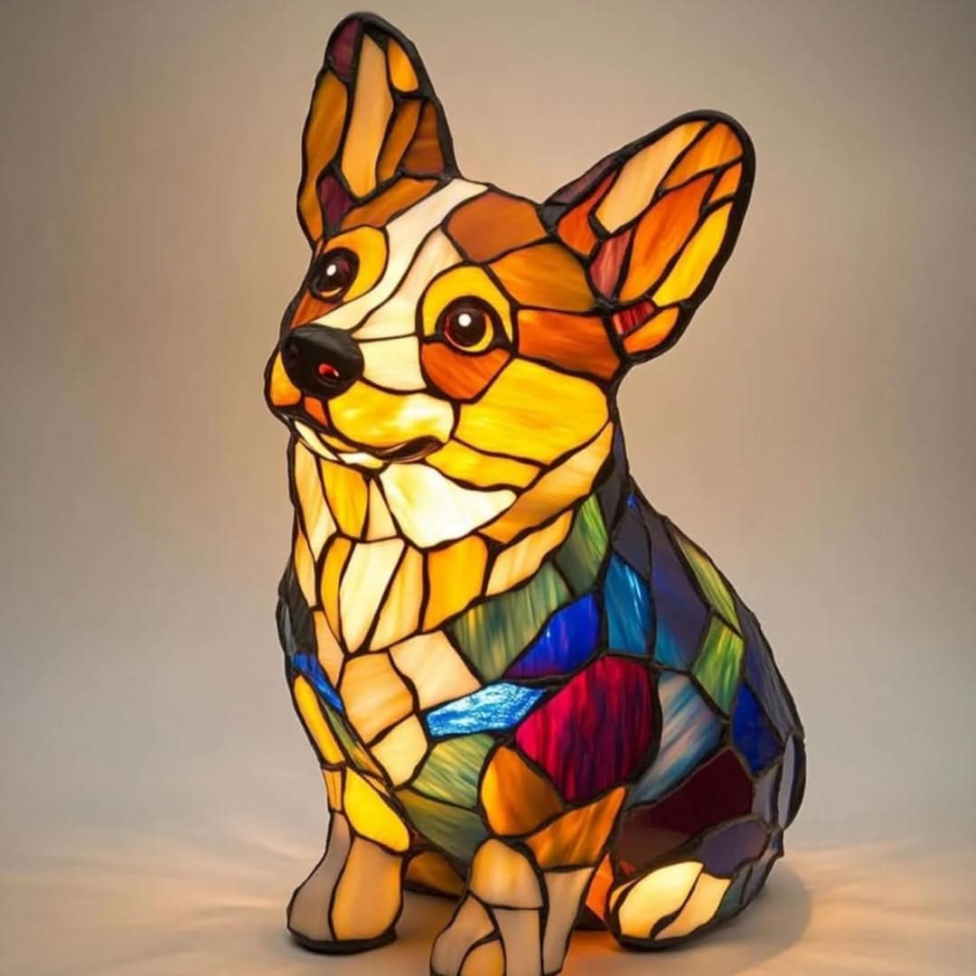 Zittende corgi-hondenlamp met grote rechte oren, oranje, witte en veelkleurige glasvlakken, warm verlicht tegen een neutrale achtergrond. 24