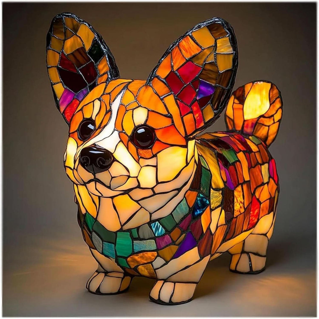 Verlichte corgi-lamp met grote oren, ronde glanzende ogen en een mozaïek van oranje, rode, groene en paarse vlakken. 25