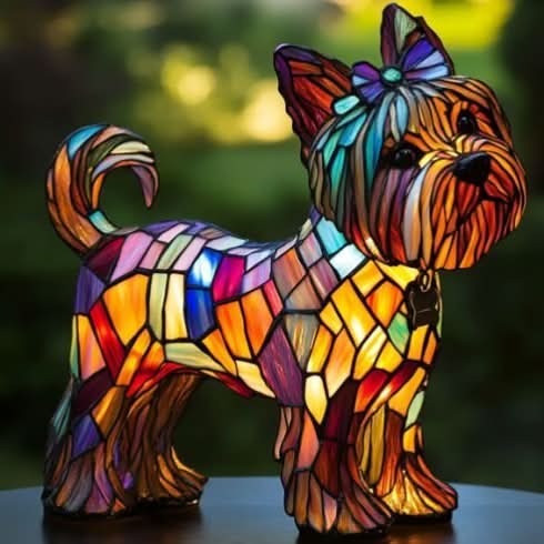 Verlichte lamp van een kleine langharige hond met strikje in het haar en opgekrulde staart, in kleurrijk glas-in-lood-mozaïek. 27