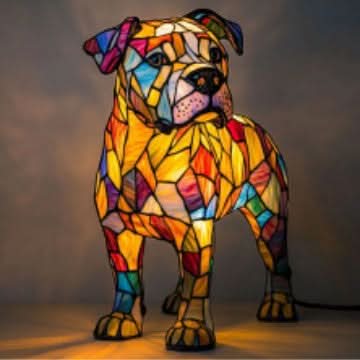 Verlichte lamp van een stevige staande hond met hangende oren, kleurrijk mozaïek en een zwart snoer rechts bij de achterpoot. 29