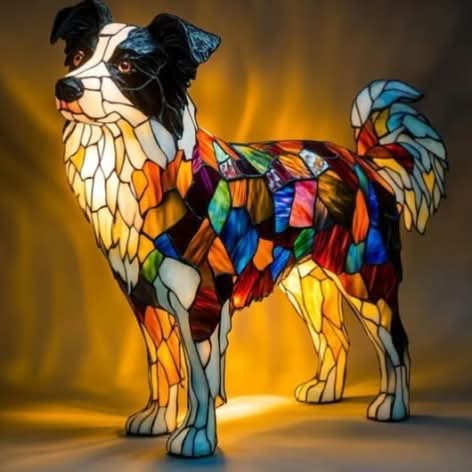 Staande border collie als glas-in-loodlamp met zwart-witte kop, veelkleurig mozaïeklijf en gele lichtgloed op de achtergrond. 3