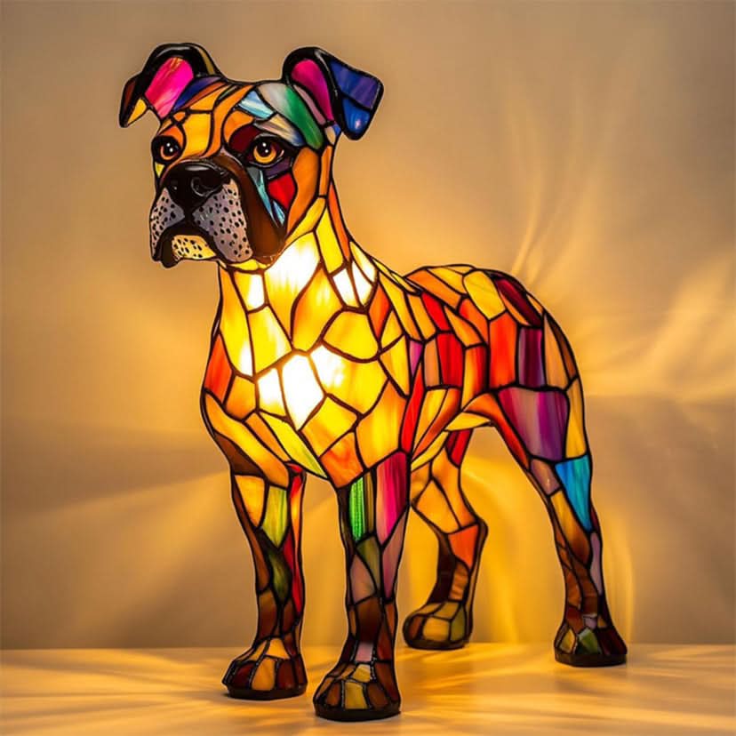 Staande boxer-achtige hond als lamp met oranje, gele en roze glasdelen, die warm licht en schaduwpatronen op de muur werpt. 4