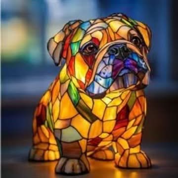 Zittende bulldog als verlicht glasmozaïeklampje, met gele en oranje stukjes en blauwe accenten, schuin van voren gezien. 5