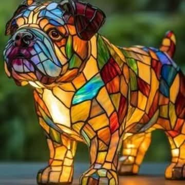 Staande bulldog als lamp met kleurrijk mozaïek in groen, blauw, rood en geel, gefotografeerd voor een groene achtergrond. 6
