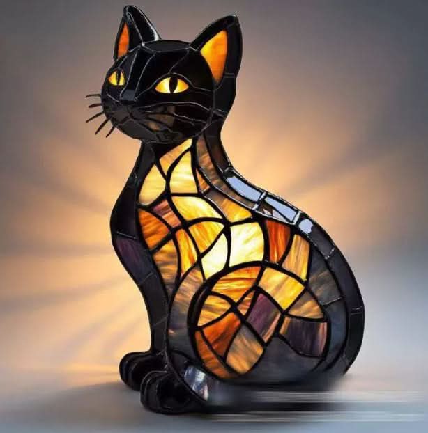 Zittende zwarte kat als brandglaslamp, met gele ogen en een oranje en paarse mozaïekbuik die warm licht uitstraalt. 8
