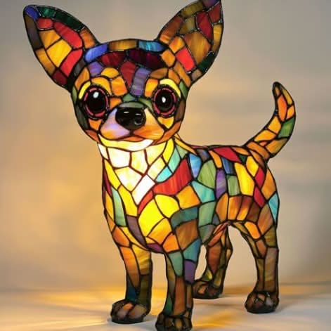 Staande chihuahua als lampje met grote oren, gekleurde glasstukjes in geel, rood, groen en blauw en een lichtgevende gloed. 9