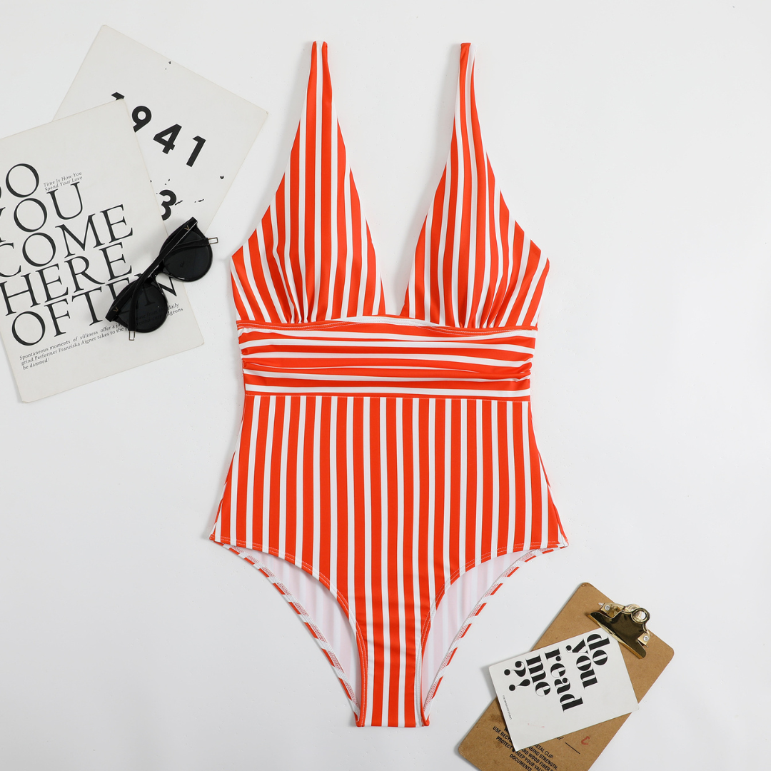 Trendy Dames Badpak met V-hals en Streeppatroon – Lina