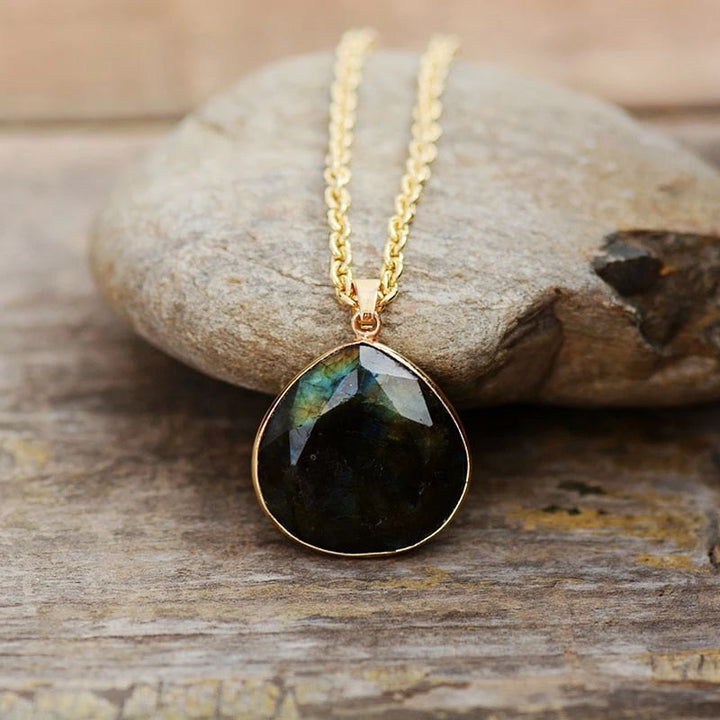 Labradorite Teardrop Necklace with Gold Finish - Elyria
