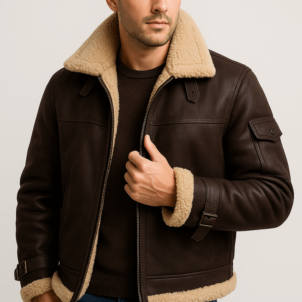 Model draagt de donkerbruine leren jas met beige teddykraag, open over een donkere trui, met mouwzak en gespbandjes. 2