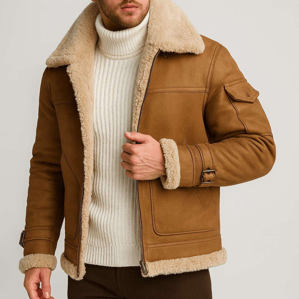 Model draagt de cognacbruine leren jas met lichte teddyvoering, deels open over een witte gebreide coltrui. 3