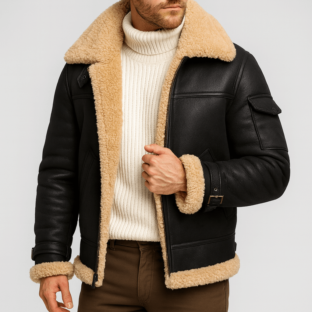 Model draagt de zwarte leren jas met brede beige teddykraag, open over een witte coltrui en bruine broek. 4