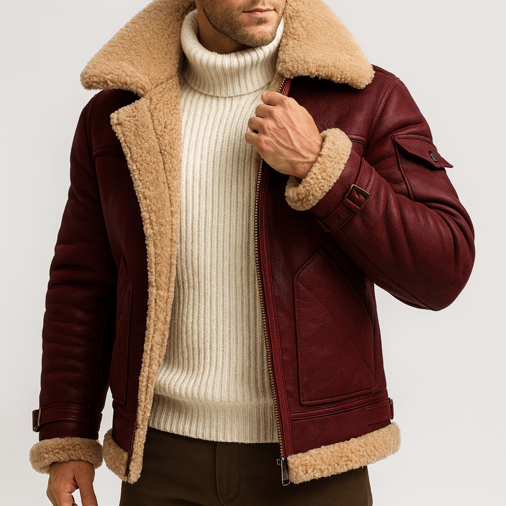 Model draagt de bordeauxrode leren jas met teddykraag en gesp aan de mouw, met een hand aan de rits. 7