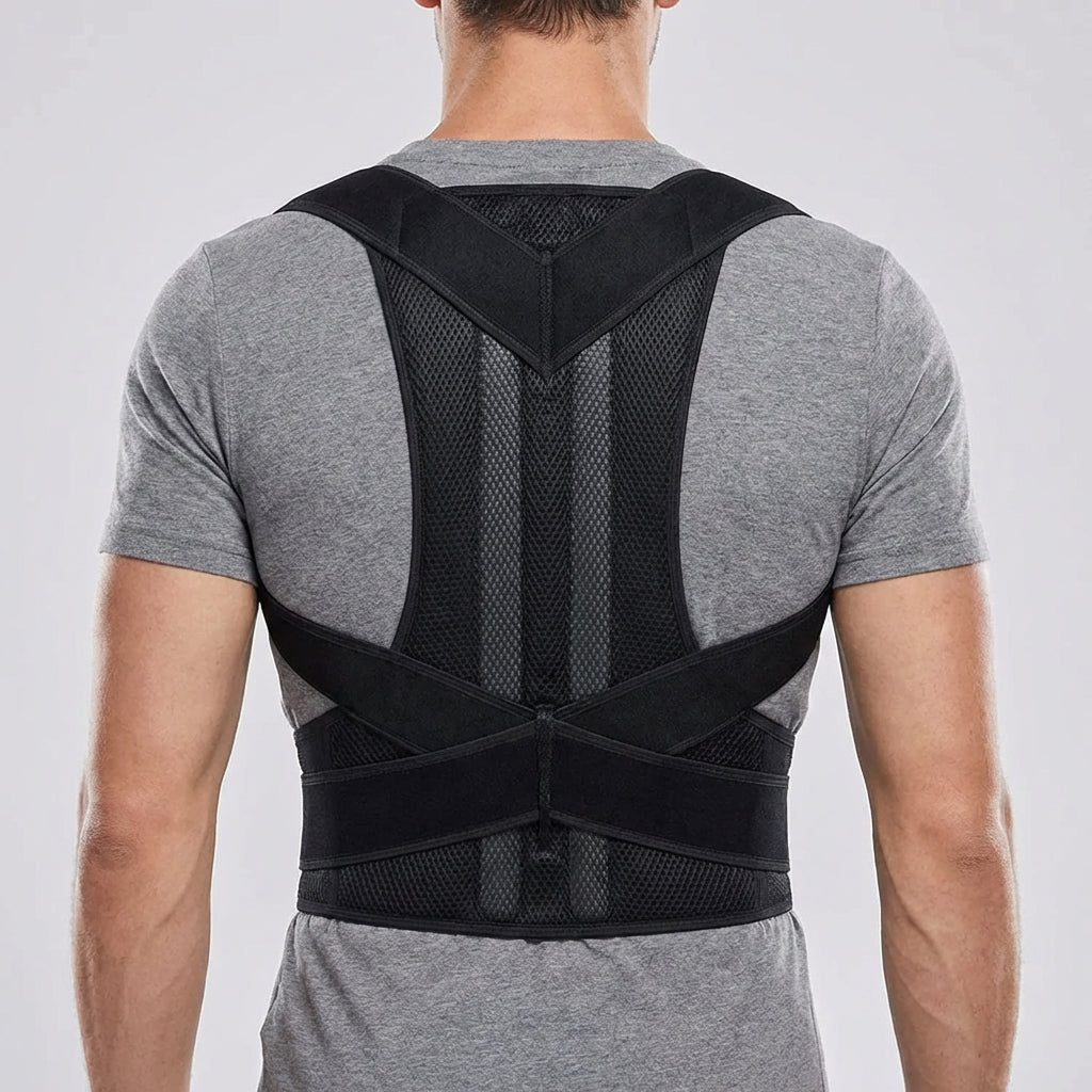 Man van achteren in grijs shirt met zwarte brace, ademend gaas, brede gekruiste banden en een band om de taille. 9