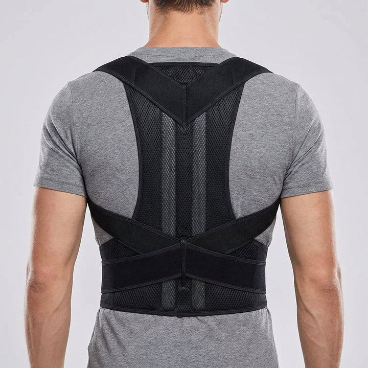 Man van achteren in grijs shirt met zwarte brace, ademend gaas, brede gekruiste banden en een band om de taille. 9