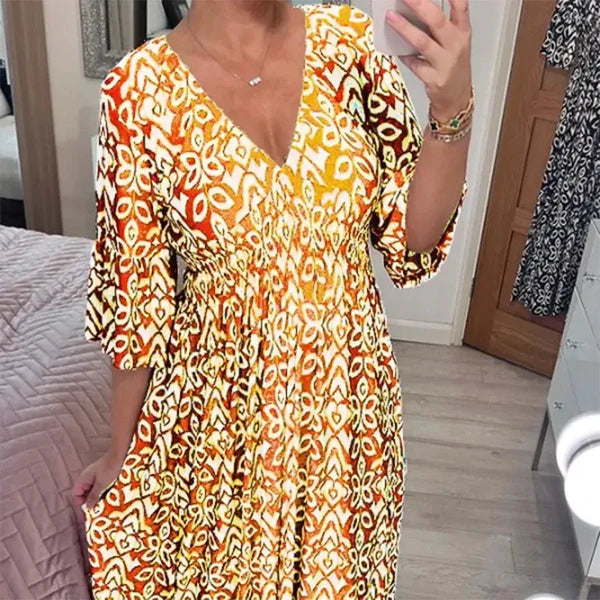 Long Floral Dress with V-Neck – Liora