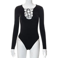Trendy women's bodysuit with laces and deep V-neck - Aveline