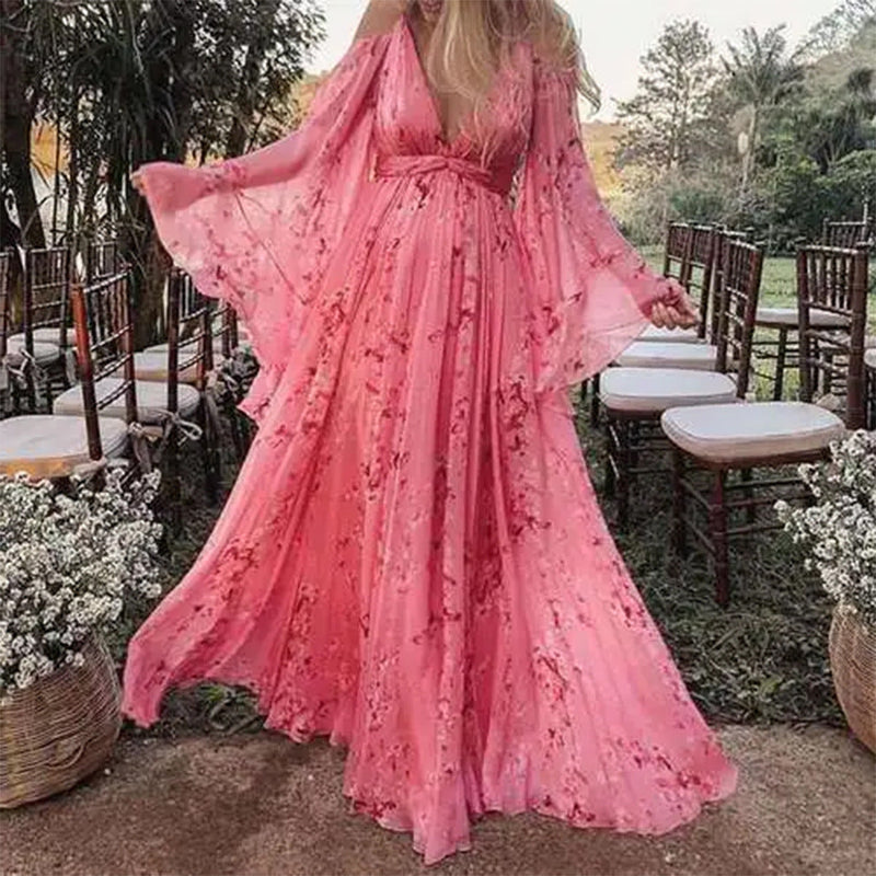Zwierige Roze Chiffonjurk met Uitlopende Mouwen - Isabelle
