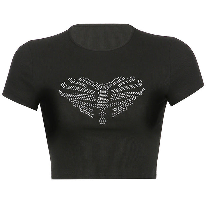 Trendy women's crop top with rhinestone skeleton pattern - Yara