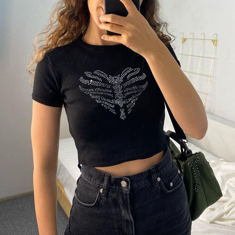 Trendy women's crop top with rhinestone skeleton pattern - Yara