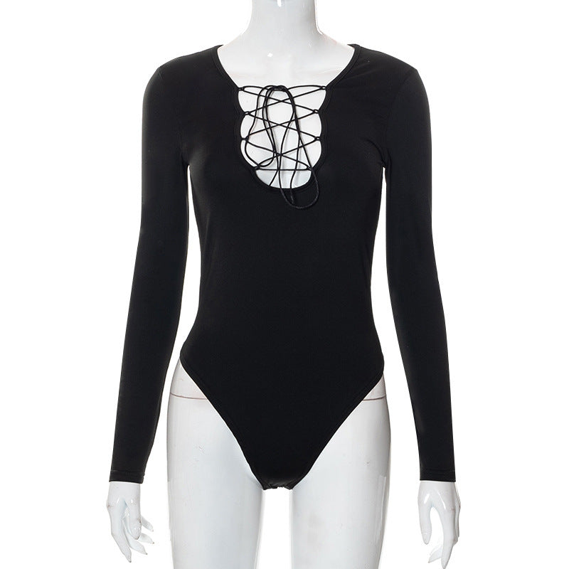 Trendy women's bodysuit with laces and deep V-neck - Aveline