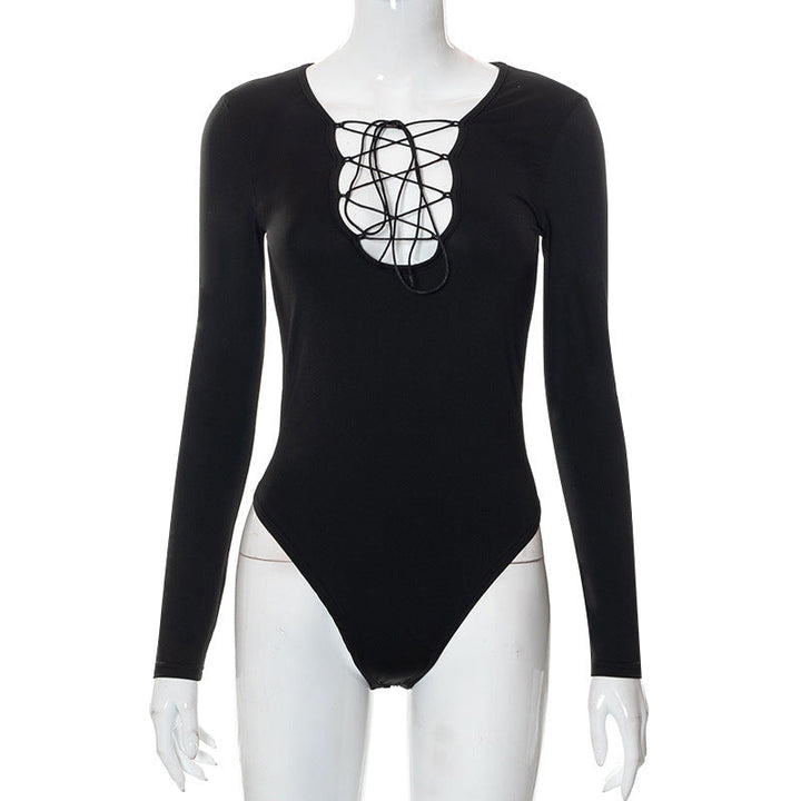 Trendy women's bodysuit with laces and deep V-neck - Aveline