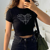 Trendy women's crop top with rhinestone skeleton pattern - Yara