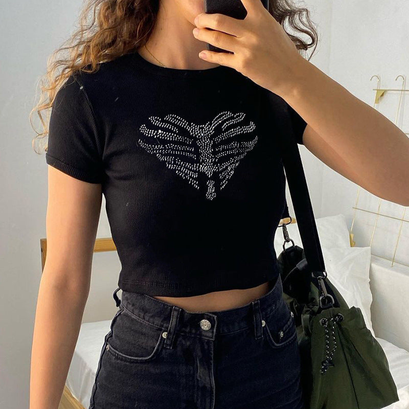 Trendy women's crop top with rhinestone skeleton pattern - Yara