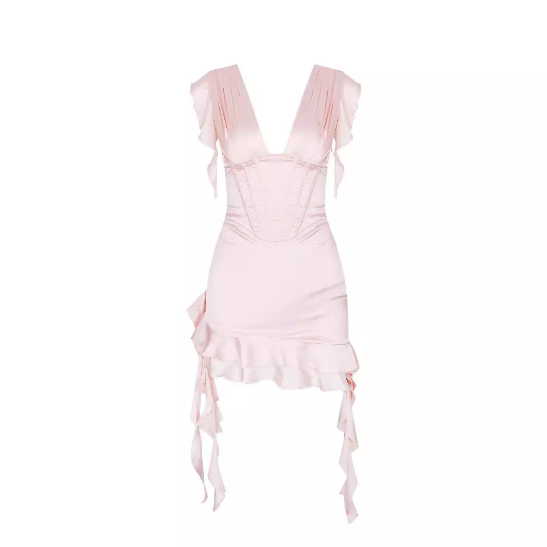 Asymmetrical ruffle dress with V-neck and figure-flattering fit – Elira