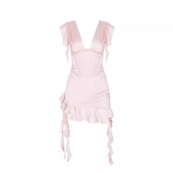 Asymmetrical ruffle dress with V-neck and figure-flattering fit – Elira