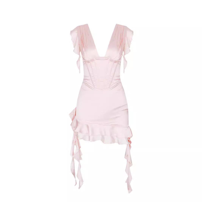 Asymmetrical ruffle dress with V-neck and figure-flattering fit – Elira