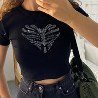 Trendy women's crop top with rhinestone skeleton pattern - Yara