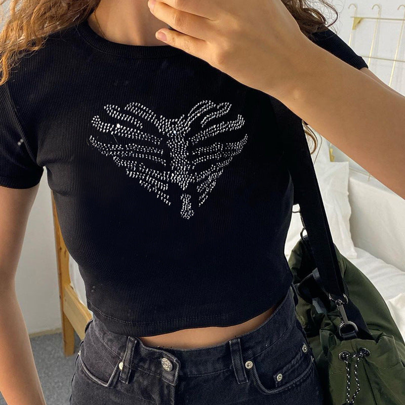 Trendy women's crop top with rhinestone skeleton pattern - Yara