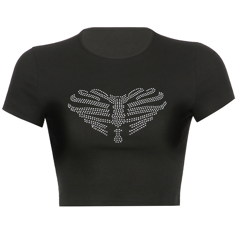 Trendy women's crop top with rhinestone skeleton pattern - Yara