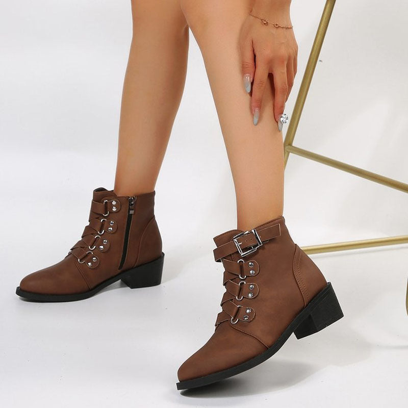 Dames Enkellaarsjes met Blokhak in Vintage Look – Yolisa