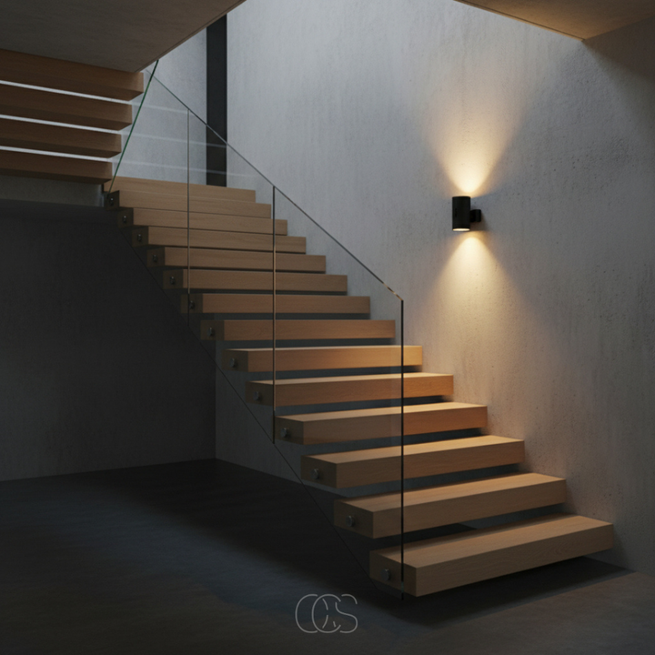 Zwarte wandlamp op een betonnen muur naast een zwevende houten trap met glazen balustrade, met warm licht omhoog en omlaag. 4