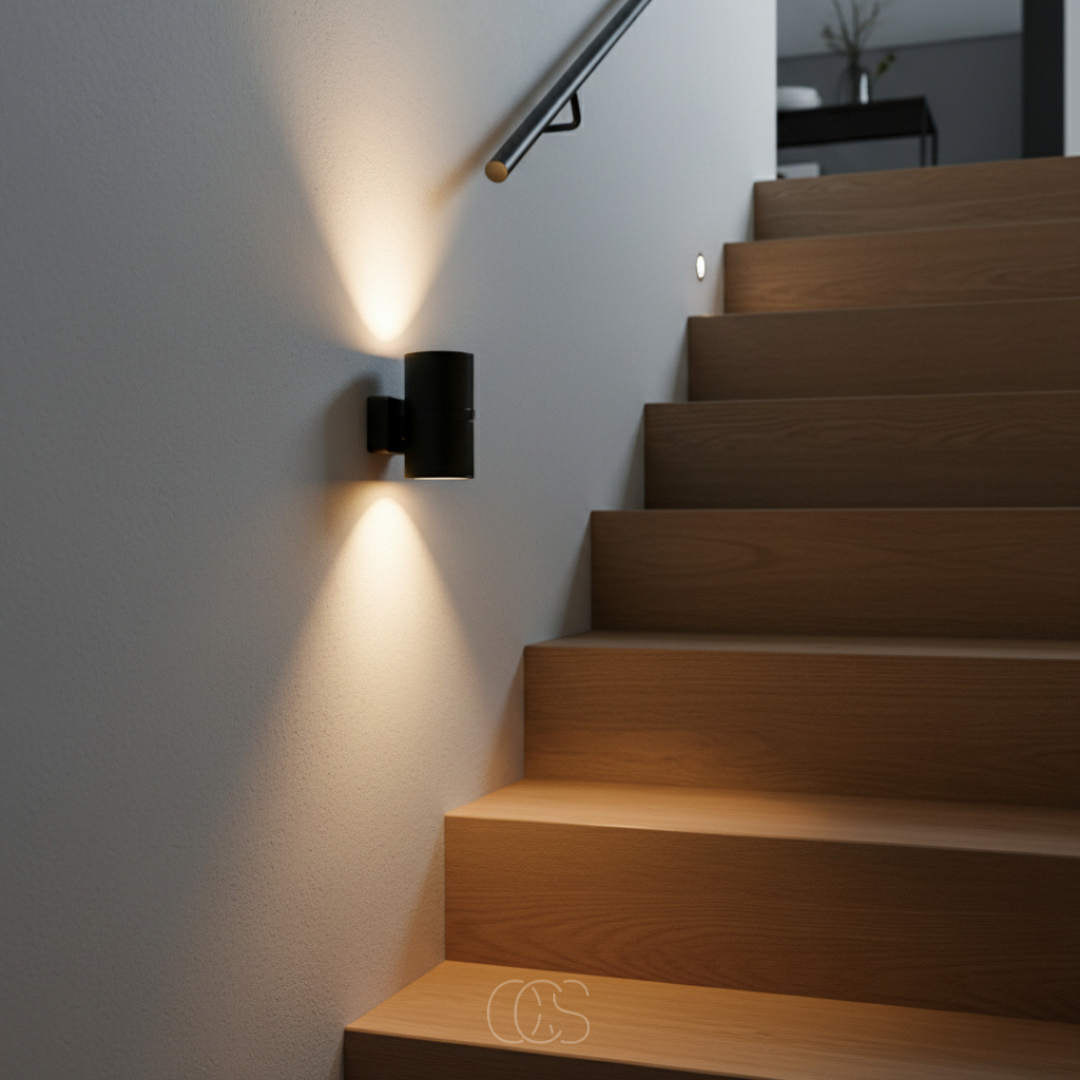 Zwart cilinderlampje op een lichte muur naast houten traptreden en een leuning, dat een warme lichtboog omhoog en omlaag werpt. 5