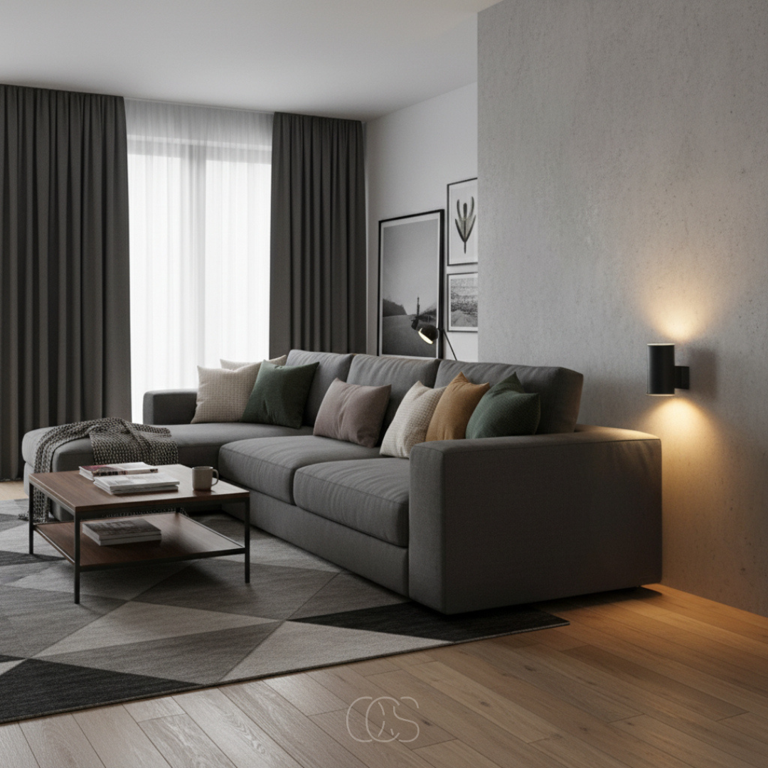 Zwarte wandlamp op een betonnen muur naast een grote grijze hoekbank in een woonkamer met houten vloer en gordijnen. 8