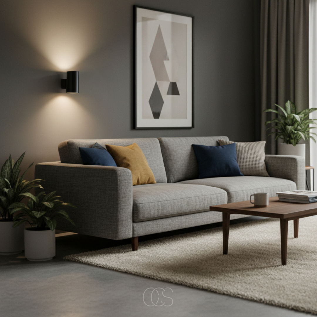 Zwarte wandlamp met warm licht boven een grijze bank met kussens, een salontafel en planten in een woonkamer. 6