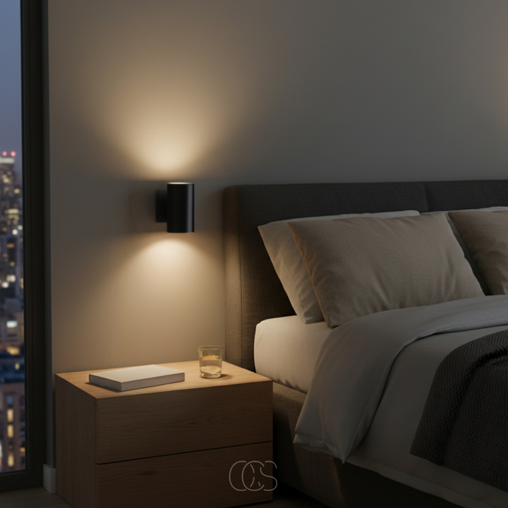 Zwart cilinderlampje boven een houten nachtkastje met boek en glas, naast een bed met grijs beddengoed in een slaapkamer. 7