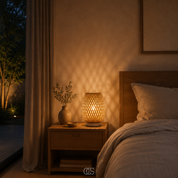 Lamp met geweven kap als nachtlampje op een houten nachtkastje naast het bed, met warm licht op de wand. 3