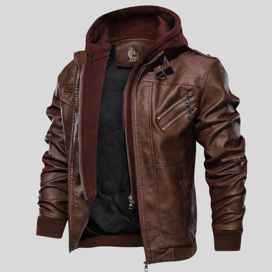 Men's Leather Jacket with Removable Hood - Ryder