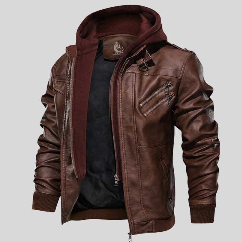 Men's Leather Jacket with Removable Hood - Ryder
