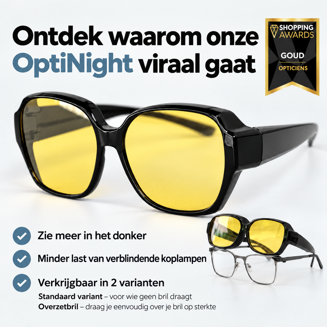 Overzetbril met gele lenzen, met kleine afbeelding van de bril boven een bril op sterkte en een lijst met kenmerken. 4