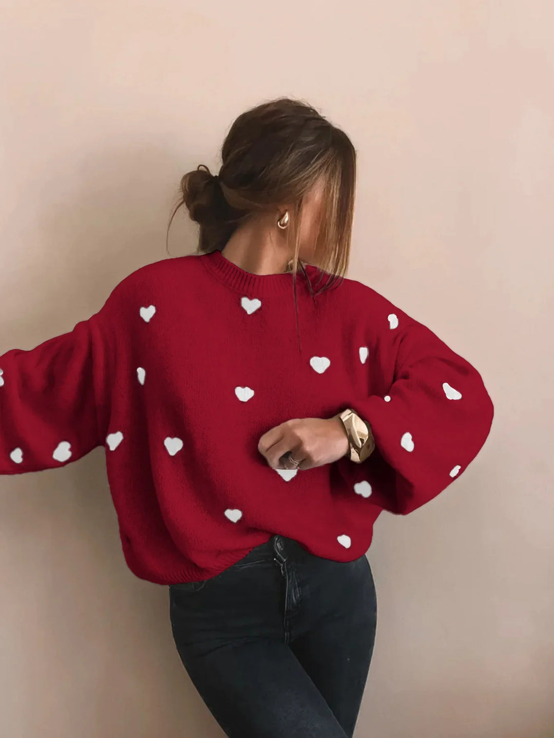 Oversized Gebreide Trui Met Geborduurde Hartjes - Sophia