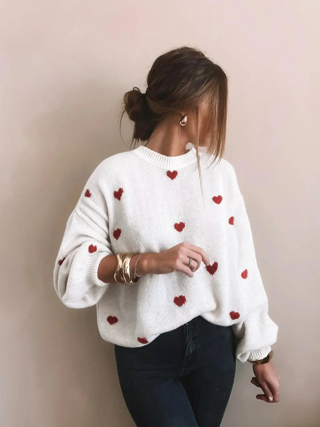 Oversized Gebreide Trui Met Geborduurde Hartjes - Sophia