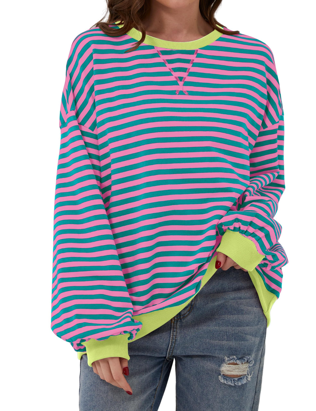 Oversized Striped Crew-Neck Sweatshirt - Holly