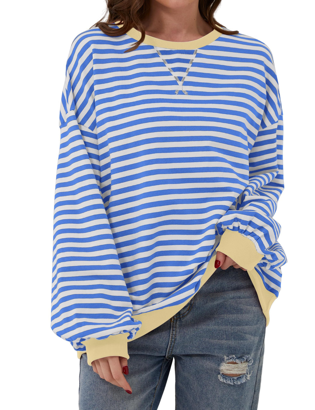 Oversized Striped Crew-Neck Sweatshirt - Holly