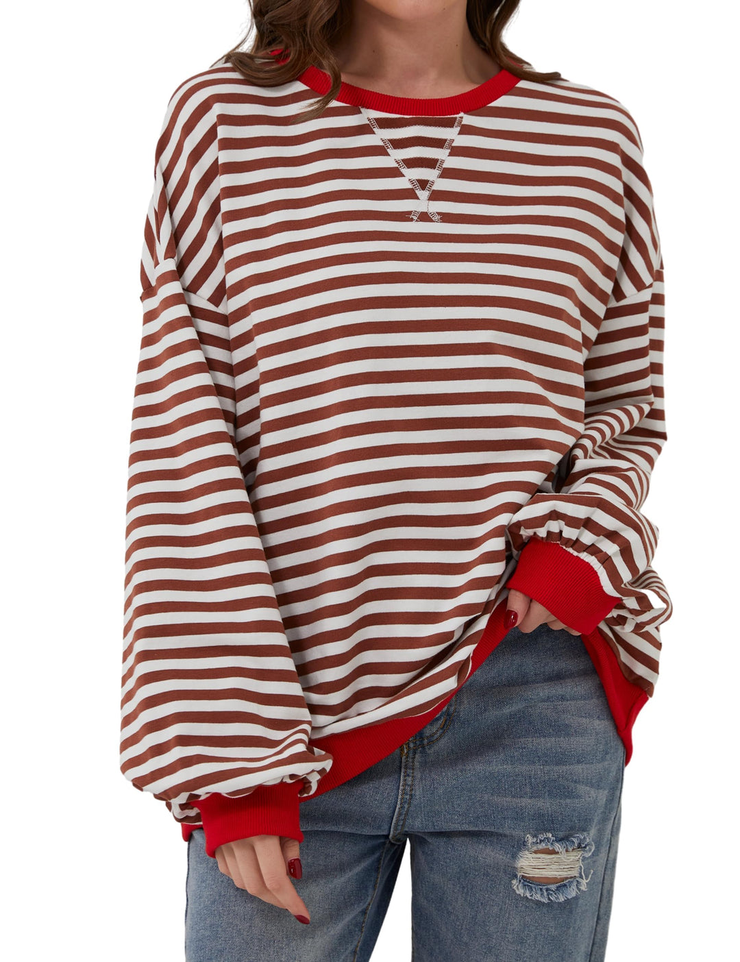 Oversized Striped Crew-Neck Sweatshirt - Holly