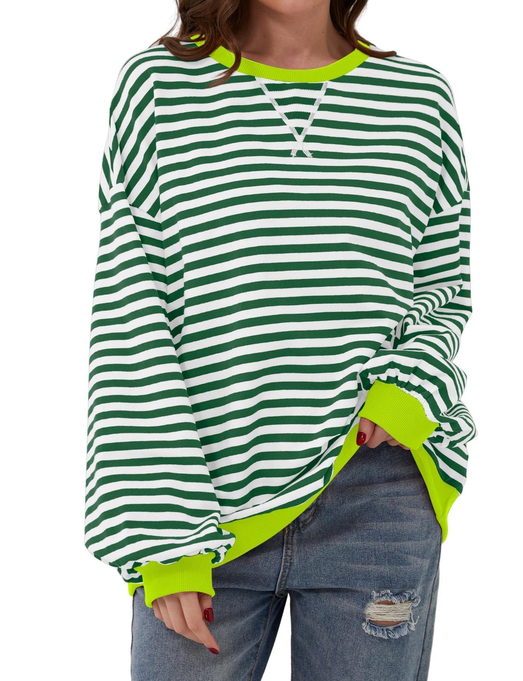 Oversized Striped Crew-Neck Sweatshirt - Holly